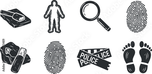 A collection of crime investigation icons including fingerprints, a magnifying glass, police tape, and a silhouette in black and white vector style, suitable for forensic and detective-themed designs