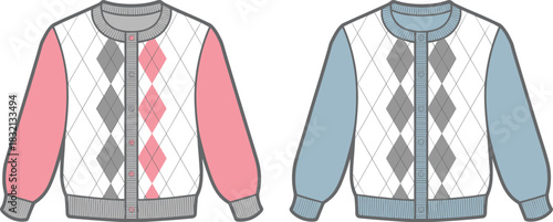 sweater, knitwear, fashion, garment, diamond pattern, quilted texture, front view, color variation, apparel, textile, clothing, illustration, design, retail, cad drawing flat vector