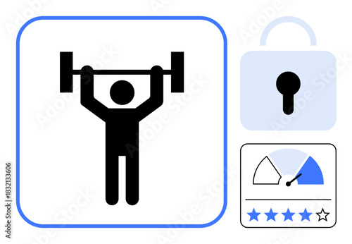 Fitness and security concept. Fitness icon showing weightlifting, including lock symbol and performance gauge. Fitness reflects strength and secure progress. For apps, health, data security