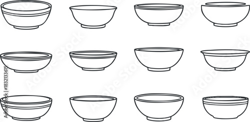 A collection of twelve outline bowls in minimalist vector style, suitable for kitchenware design and culinary projects