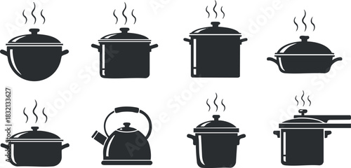 A collection of cooking pots, pans, and kettles in black silhouette vector style, ideal for culinary design projects