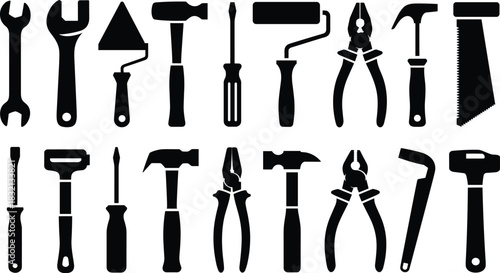 Assortment of black silhouette icons of various hand tools and construction equipment repair