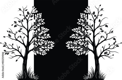 PrintBlack and white vector illustration of two stylized trees with contrasting foliage framing a central dark negative space, perfect for decorative privacy screens or borders.