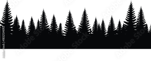 PrintBlack Forest Silhouette Landscape, Seamless Horizontal Pine Tree Border Vector Illustration, Evergreen Conifer Woods Graphic Design Element, Nature Background Banner, Outdoor Winter Scenery.