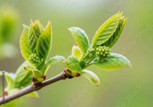 New spring growth on a branch isolated on white background