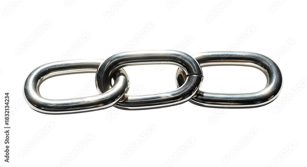 Obraz premium Three interconnected metallic silver oval chain links, a polished surface, cutout, PNG isolated on white or transparent background