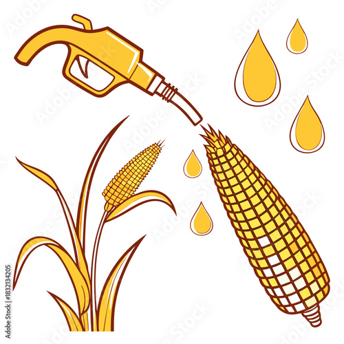 Gas pump nozzle pouring liquid into a corn cob symbolizing biofuel production from corn
