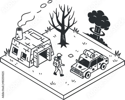 An isometric illustration of a cartoonish scene featuring a rustic house, a tree, and a vehicle in black and white style, suitable for adventure-themed projects