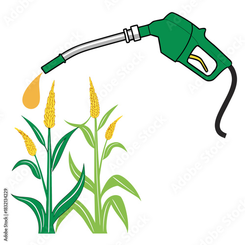 Green energy concept showing a fuel nozzle dripping golden liquid onto growing corn stalks