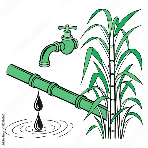 Illustration of a green faucet pipe with dripping water and sugarcane plants symbolizing irrigation and agriculture
