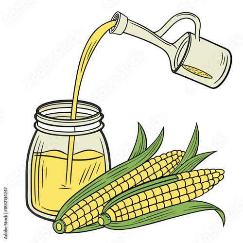 Illustration of corn oil being poured from a jug into a jar next to fresh corn on the cob