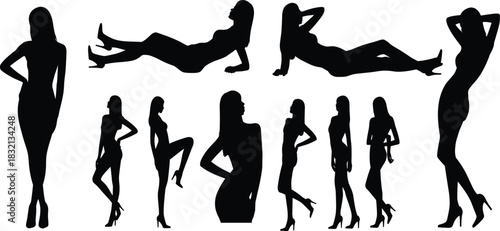 PrintBeautiful young woman model silhouettes set, fashion posing figures collection, elegant female body black shadow, glamorous seductive girl vector illustration, isolated on white.