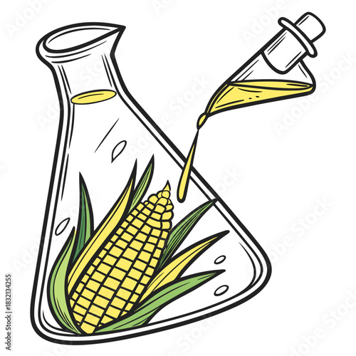 Corn cob and leaves inside a laboratory flask with liquid dripping from a pipette