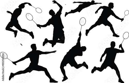Badminton players in action silhouettes with rackets and shuttlecock on white background sport