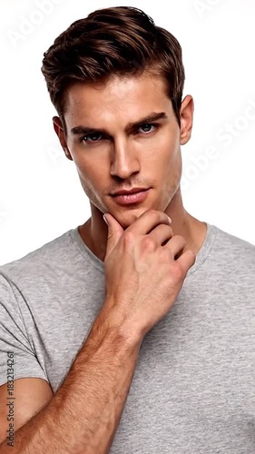 Handsome man in a gray t-shirt poses, hand on chin, looking at camera. Isolated on white background