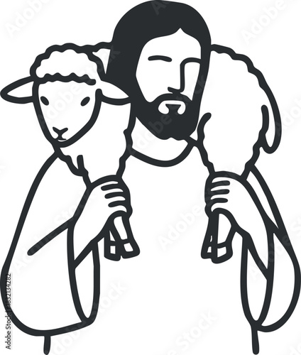 A shepherd holding two sheep in an outline minimalist vector style, suitable for religious and spiritual themes