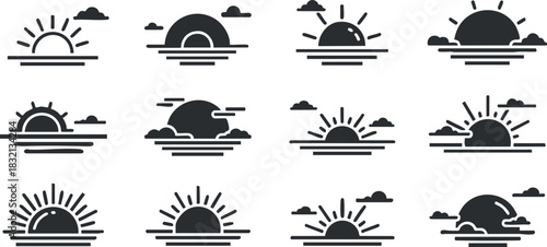 A collection of sunset and sunrise illustrations featuring various designs in black and white minimalist vector style, perfect for nature-themed projects