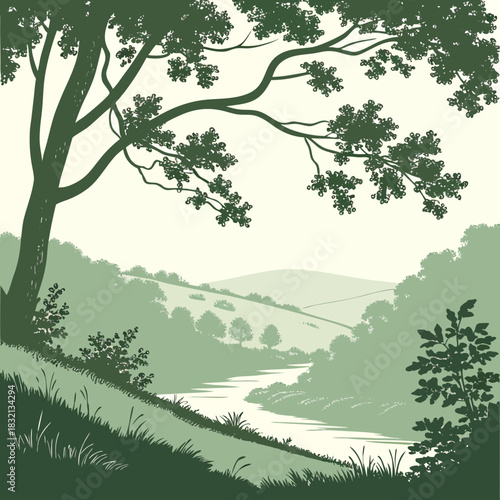 Serene green landscape with a winding river flowing through rolling hills under a large tree