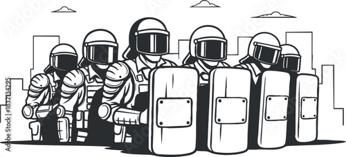 A group of police officers in riot gear with shields in black and white outline vector style, suitable for social issue themes