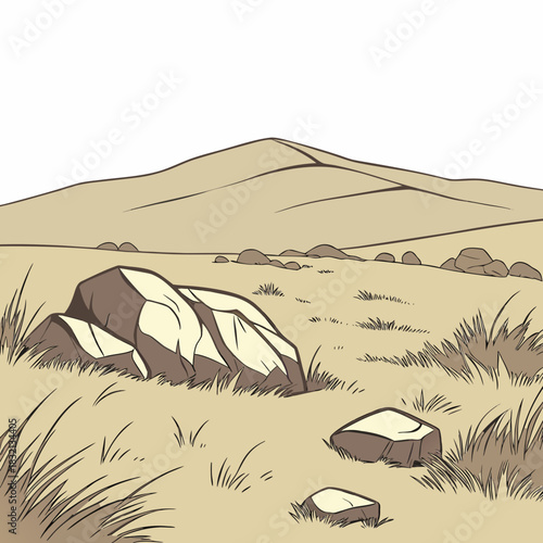 Stylized illustration of a dry desert landscape with rolling hills and scattered rocks and grass