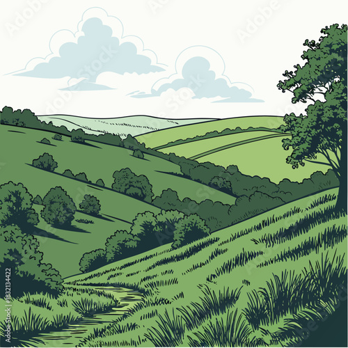 Idyllic green rolling hills and fields with a winding path and fluffy clouds in a stylized illustration