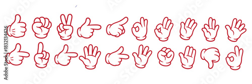Mega set of Cartoon comic hands gestures with different signs and symbols. Gesturing human arms in doodle style. Hands poses. Vector illustration