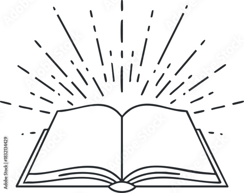 An open book with rays of light emanating from it in a minimalist outline vector style, ideal for educational and inspirational projects