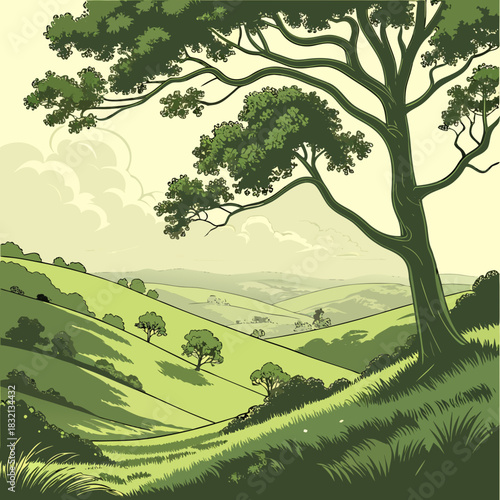 Stylized illustration of a lush green rolling countryside with a large tree in the foreground