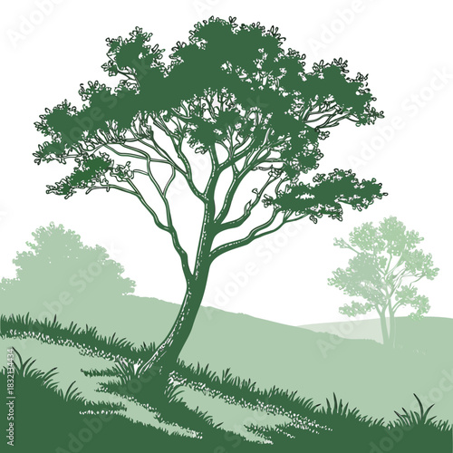Stylized green silhouette of a large tree on a grassy hill with smaller trees in the background