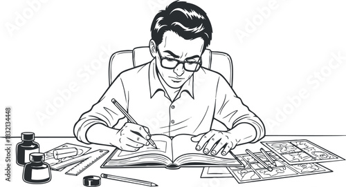An artist sketching in a notebook with ink bottles and art supplies in black and white vector style, suitable for creative projects