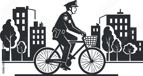 A police officer riding a bicycle through a cityscape in black and white vector style, suitable for public safety campaigns