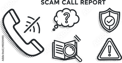 A scam call report featuring a telephone, question mark, thought cloud, shield, and warning sign in flat modern vector style, ideal for security awareness materials