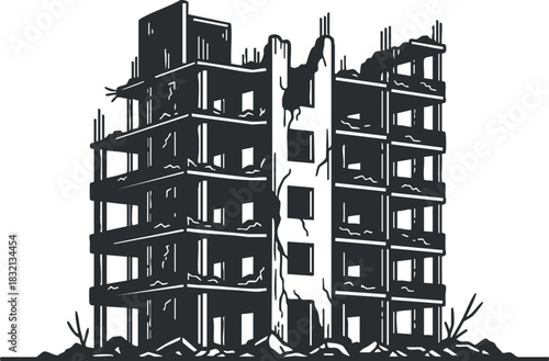 A detailed illustration of a ruined building with collapsed sections in black and white vector style, suitable for urban decay themes