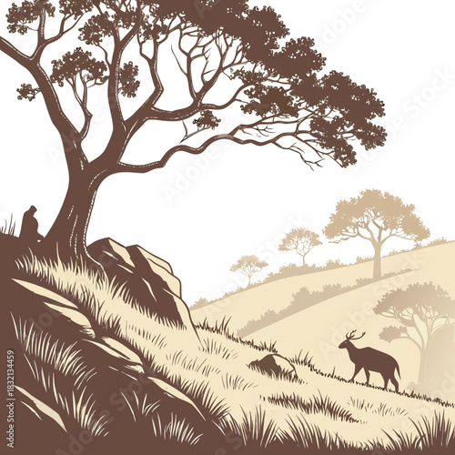 Serene african savannah landscape with a lone deer and a person under a large acacia tree