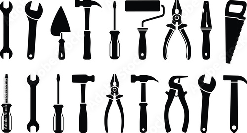 Black Silhouette Collection Of Various Hand Tools For Construction And Repair wrench hammer