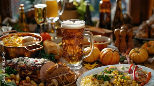 Video A table filled with various plates of food accompanied by a glass of beer