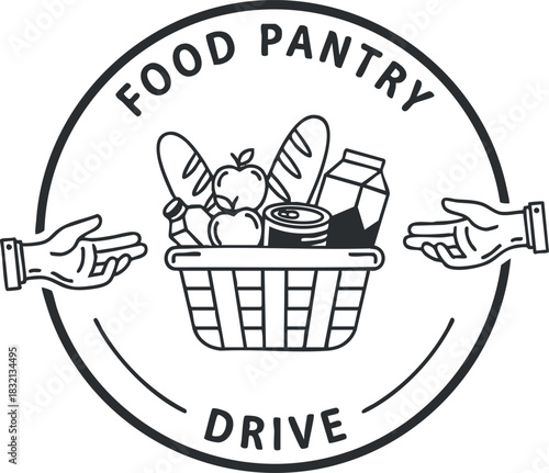 A food pantry drive illustration featuring a basket filled with food items in a clean outline style, perfect for community outreach materials