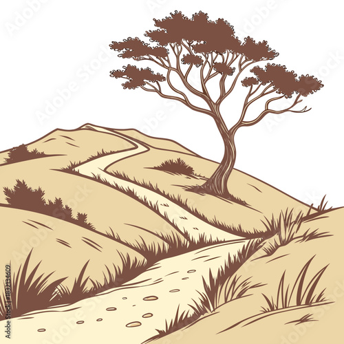 A winding dirt path leads up a grassy hill towards a solitary acacia tree in a stylized landscape