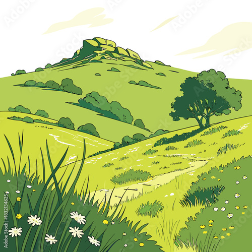 Stylized illustration of a vibrant green rolling hill landscape with a rocky summit and a winding path