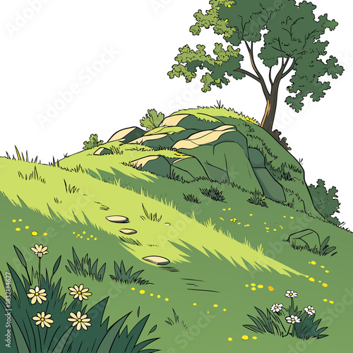 Cartoon illustration of a grassy hill with a lone tree rocks and a winding stone path