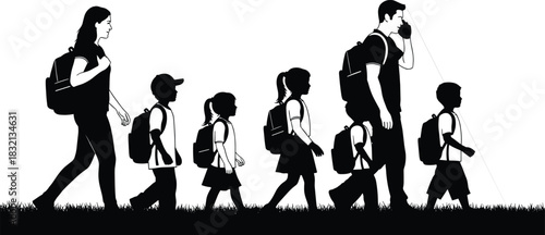 WebBlack Silhouette of Parents and Group of Children with Backpacks Walking on Grass, Representing Back to School, Family Travel, and Daily Commute