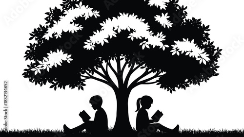 WebBlack silhouette of two children reading books under a large spreading tree, symbolizing education, imagination, peaceful learning, and nature's wisdom