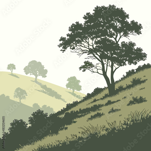 Stylized illustration of rolling hills dotted with trees and lush green foliage under a pale sky