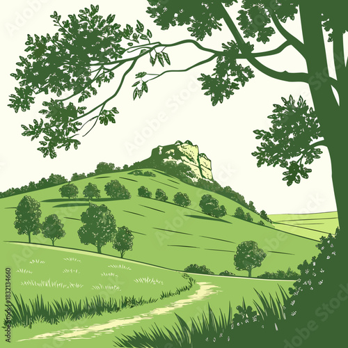 Idyllic green rolling hills and path leading to a rocky summit under a clear sky