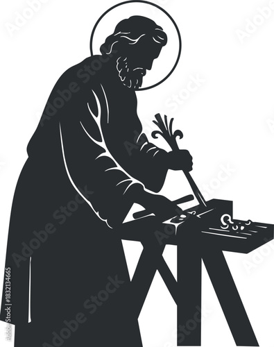 A silhouette illustration of a saint working as a woodworker in black and white vector style, ideal for religious themes and artwork