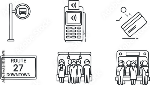 A collection of public transport icons including a bus stop sign, mobile phone, credit card, route sign, and passengers in minimalist outline vector style, suitable for transportation design projects
