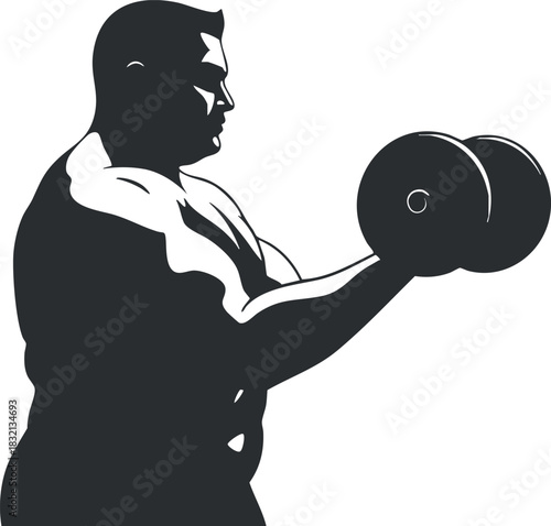 A strong man lifting a dumbbell in a black and white minimalist vector style, ideal for fitness and gym-related projects