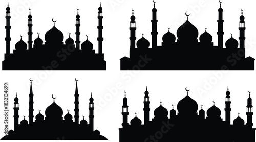 Black silhouettes of Islamic mosques with domes and minarets on white background architecture building