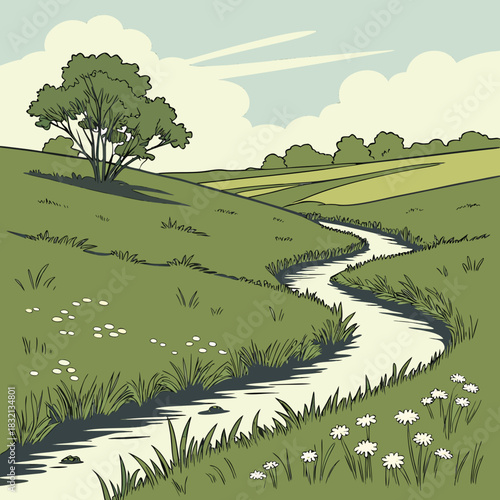 Idyllic rolling green hills with a winding stream and a lone tree under a cloudy sky