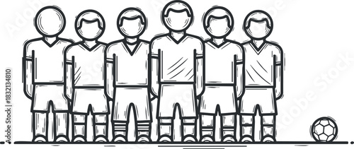 A set of six soccer players standing in a lineup in outline vector style, ideal for sports-related projects and designs